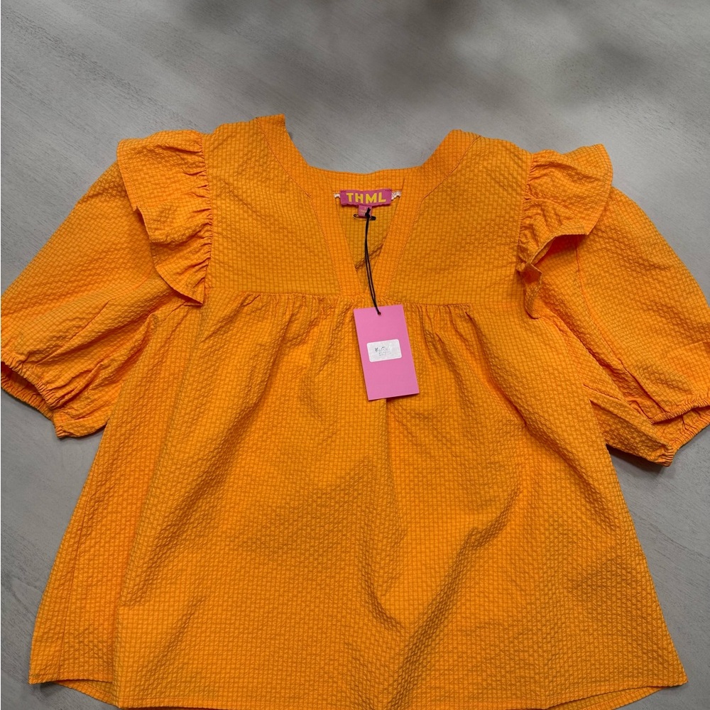THML Vibrant Orange Blouse with Ruffle Sleeves